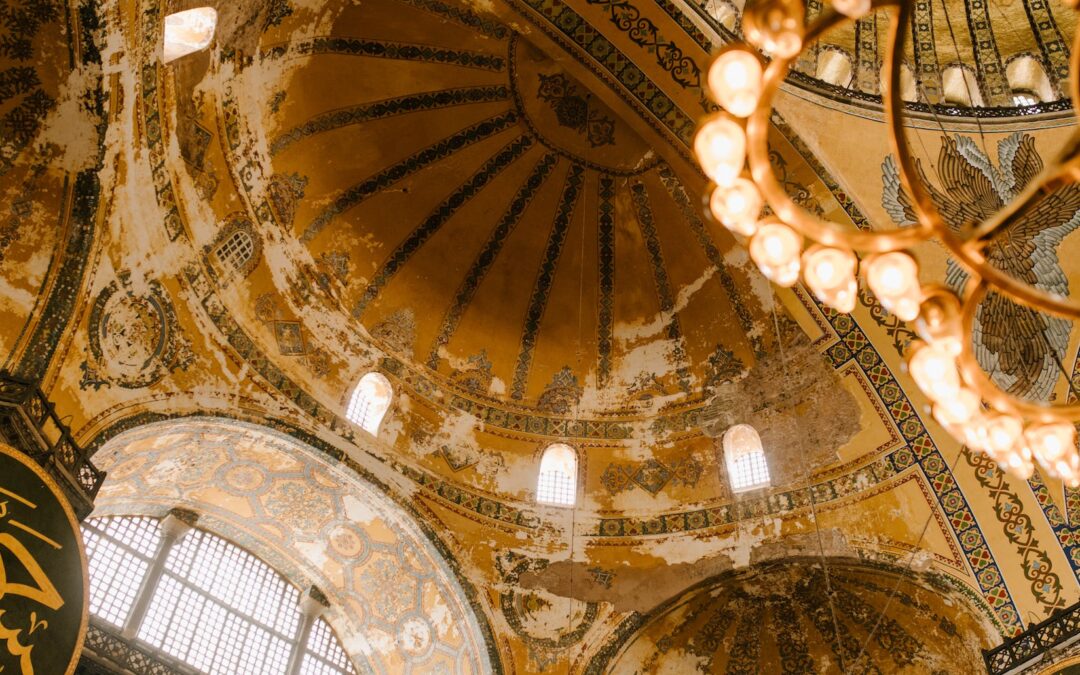ornamental dome and chandelier in old mosque